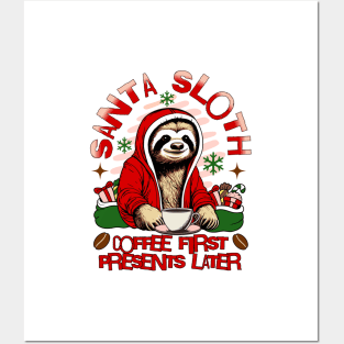 Santa sloth sipping coffee Posters and Art